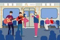 Musical performance in subway train for passenger, vector illustration. Professional person musician character at metro