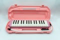 Musical pink melodian with hard plastic case isolated on white Royalty Free Stock Photo