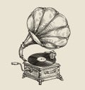 Musical record gramophone in vintage engraved style. Hand drawn sketch vector illustration