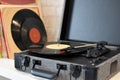 Musical retro gramophone for listening to vinyl records. music vintage player for old discs