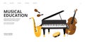 Musical school landing page. Vector musical education web banner template. Piano saxophone cello illustration