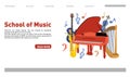 Musical school website Landing page. Vector musical education web banner template. Piano saxophone cello illustration Royalty Free Stock Photo