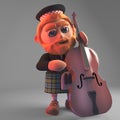 Musical Scottish man in kilt playing the double bass, 3d illustration