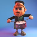 Musical Scottish man in traditional kilt does a drum roll on his marching drum, 3d illustration