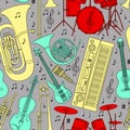 Musical seamless pattern made of different musical instruments, treble clef and notes.