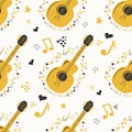 Musical seamless pattern with music notes, guitar. Hand-drawn country guitar, stars and elements Royalty Free Stock Photo