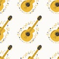 Musical seamless pattern with music notes, guitar. Hand-drawn country guitar, stars and elements Royalty Free Stock Photo