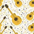 Musical seamless pattern with music notes, guitar. Hand-drawn country guitar, stars and elements Royalty Free Stock Photo