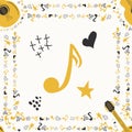 Musical seamless pattern with music notes, guitar. Hand-drawn country guitar, stars and elements Royalty Free Stock Photo