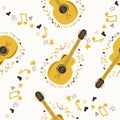 Musical seamless pattern with music notes, guitar. Hand-drawn country guitar, stars and elements Royalty Free Stock Photo