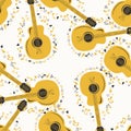 Musical seamless pattern with music notes, guitar. Hand-drawn country guitar, stars and elements Royalty Free Stock Photo