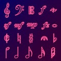 Musical Signs Neon Vector Icons Set. Musical Clef, down beat, sforzando, forte, piano signs.