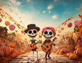 Musical Skeleton Duo: Day of the Dead Serenade Amidst Autumn Vibes Royalty Free Stock Photo