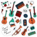 Musical sticker pack. Hand-drawn musical icons. Print icons and digital. Vector Royalty Free Stock Photo