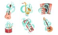 Musical Stringed and Wind Instruments with Decorative Swirling Lines Vector Set