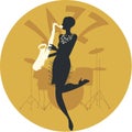Musical style. Jazz. Silhouette of flapper girl playing saxophone and drums in the background