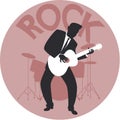 Musical style. Rock. Silhouette of guitar player and drums in the background