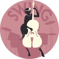 Musical style. Swing. Silhouette of flapper girl playing double bass and drums in the background Royalty Free Stock Photo