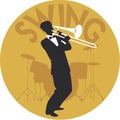 Musical style. Swing. Silhouette of trombonist and drums in the background