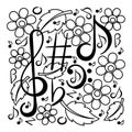 Musical symbols musical notes, treble clef, flowers leaves. Music concert festival. Hand drawn vector illustration