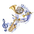 Musical symbols and wind musical instruments watercolor illustration isolated on white.