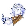 Musical symbols and xylophone watercolor illustration on white.