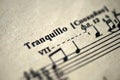 Musical tempo `Tranquillo` in a music book