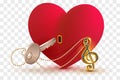 Musical treble clef key to open love heart lock shape Royalty Free Stock Photo