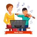 Musical tutor woman with kid boy violin student