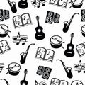 Musical vector background, music accessories seamless pattern. Royalty Free Stock Photo