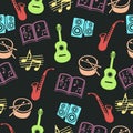 Musical vector background, music accessories seamless pattern. Royalty Free Stock Photo