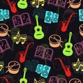 Musical vector background, music accessories seamless pattern. Royalty Free Stock Photo