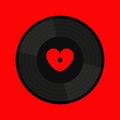 Musical vinyl record disk. Black music sound audio icon. Love greeting card. Red label heart shape center. Flat design. Red Royalty Free Stock Photo