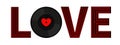 Musical vinyl record disk. Red heart label center. Word LOVE. Happy Valentines Day greeting card, poster, banner. Music sound Royalty Free Stock Photo