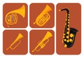 Wind musical instruments cards tools acoustic musician equipment orchestra vector illustration