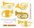 Musical Wind Instruments Set. Flute, Trumpet, Saxophone, Clarinet and Oboe. Trombone, French Horn, Piccolo with Bassoon