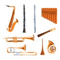 Musical wind instruments set, saxophone, clarinet, trumpet, trombone, tuba, pan flute vector Illustrations i on a white Royalty Free Stock Photo