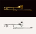 Musical wind jazz instrument trombone. Vector illustration classical trumpet in doodle outline style. Hand drawn