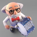 Musically minded mad scientist professor playing the drums, 3d illustration