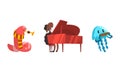 Musician Animals Characters with Musical Instruments Set, Snake, Sheep, Jellyfish Playing Trumpet, Piano, Harmonica
