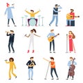 Musician artists. Guitar playing artist, young drummer and pop song singer. Musical instruments stage players isolated flat vector