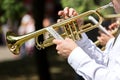 Musician blowing trumpet Royalty Free Stock Photo