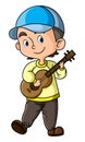 The musician boy is playing the wooden guitar and sing a song Royalty Free Stock Photo