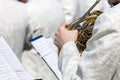 Musician of brass band plays french horn on street music fest Royalty Free Stock Photo