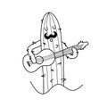 Musician cactus cartoon characters with mustache, acoustic guitar, doodle style vector illustration art