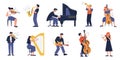 Musician. Cartoon people playing on musical instruments, jazz and symphony orchestral musicians performance. Vector