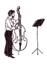 Musician with double bass and music stand, graphic black and white drawing Royalty Free Stock Photo