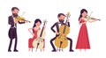 Musician, elegant man, woman playing professional string bow instruments