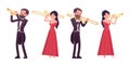 Musician, elegant man, woman playing professional wind instruments