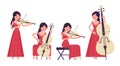 Musician, elegant red evening dress woman playing string bow instruments